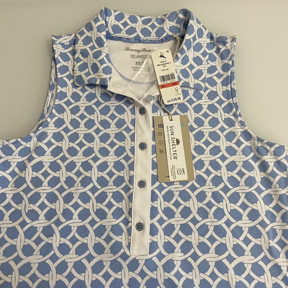 Tommy Bahama Women Aubrey Interlock Bay Polo‎ Shirt XS Blue White Sleeveless NWT